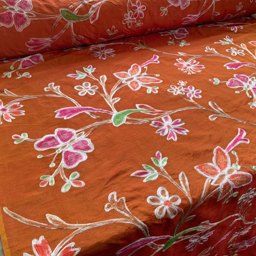 Orange Embroidered Silk Crewelwork Fabric